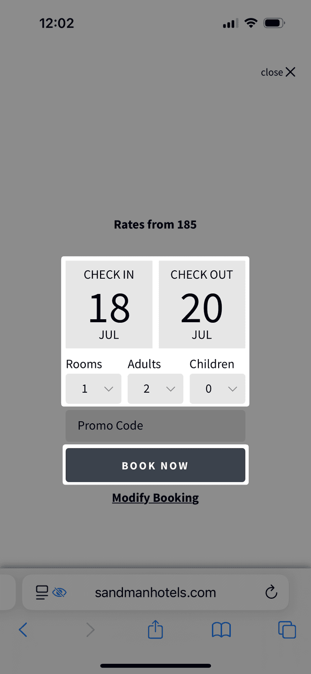 Screenshot of Sandman Signature Hotel website